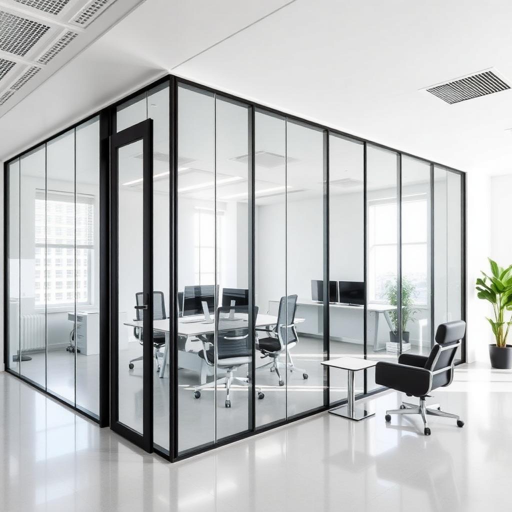 Commercial office interior with demountable glass partition walls and contemporary furniture